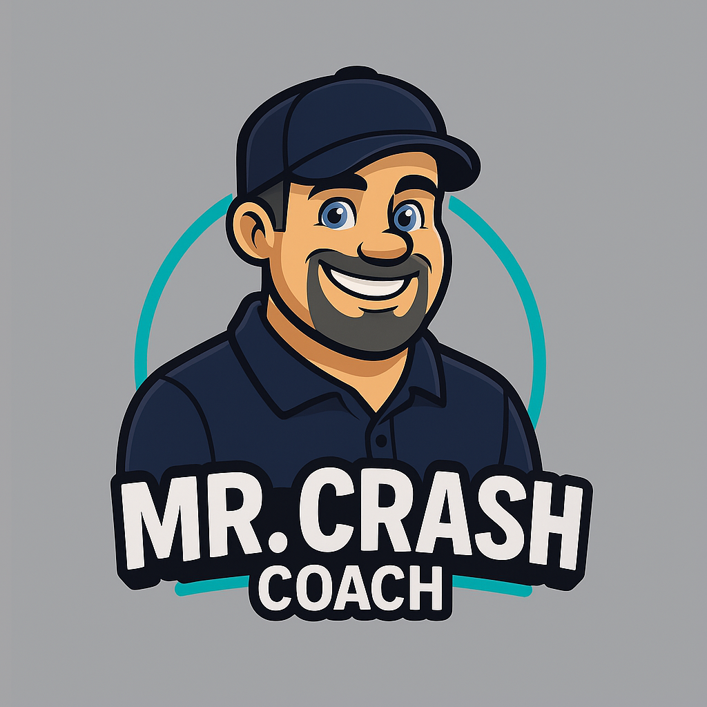 Mr. Crash Coach logo featuring a bold, confident character symbolizing strength, safety, and accident recovery expertise