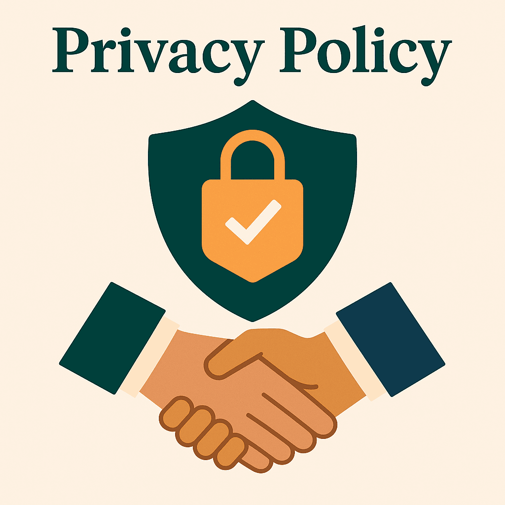 privacy policy illustration with shield and handshake